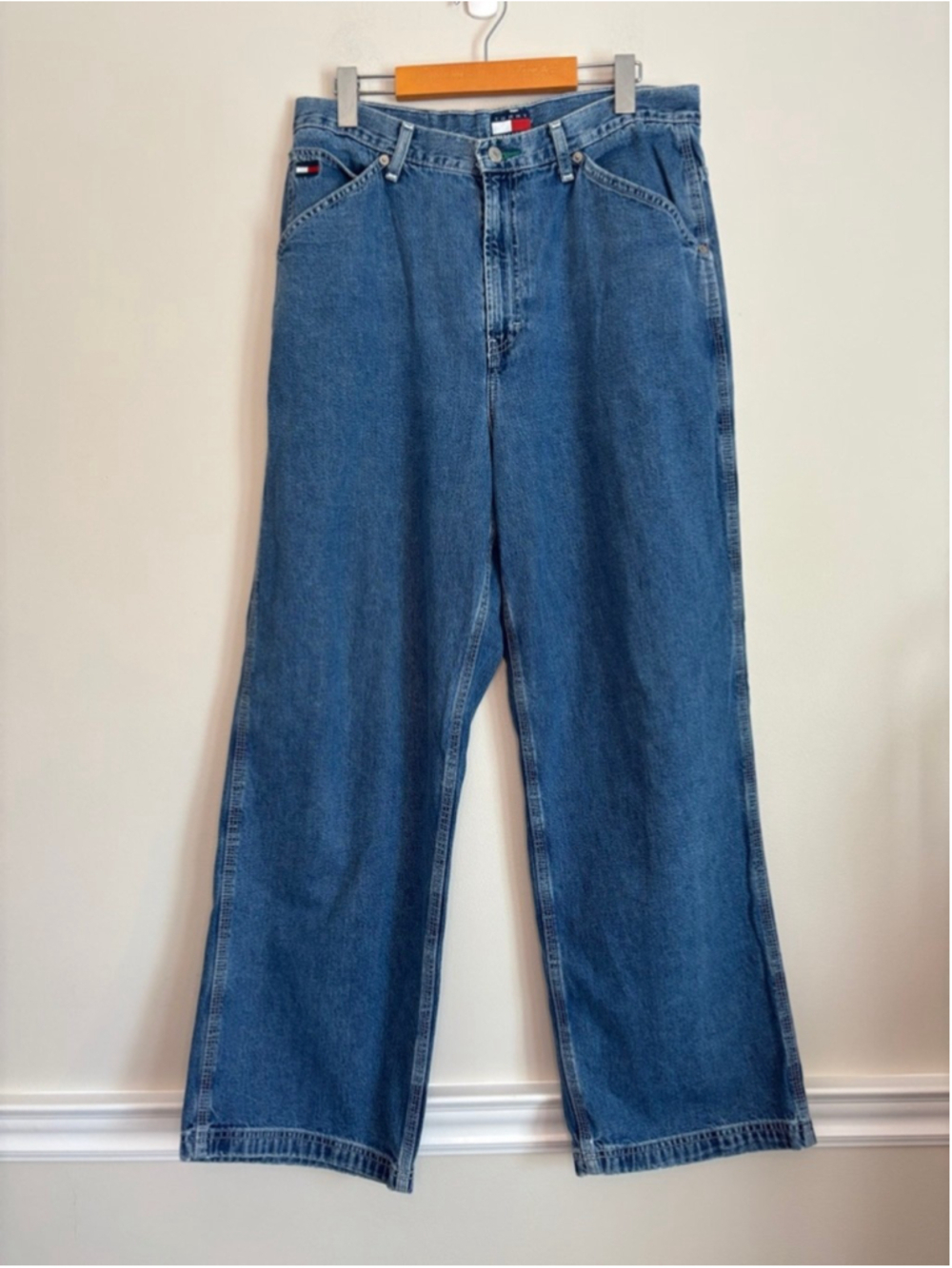 Vtg Tommy Hilfiger Y2K Womens Size 14 Wide Leg Big Flag Jeans 90s Classic Skater